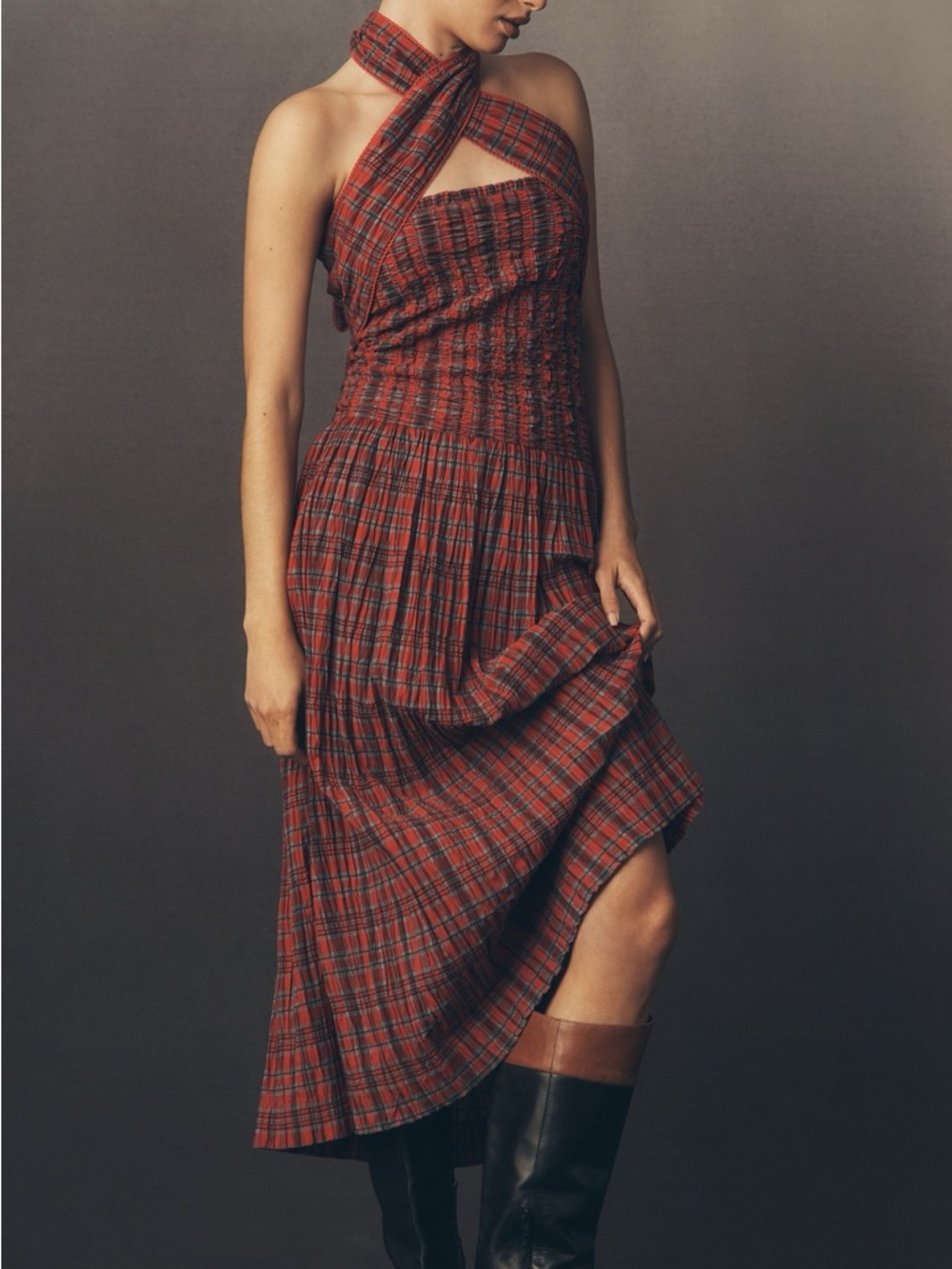 Damson Madder Mia Red Plaid Smocked Midi Dress-Size 6-NWT